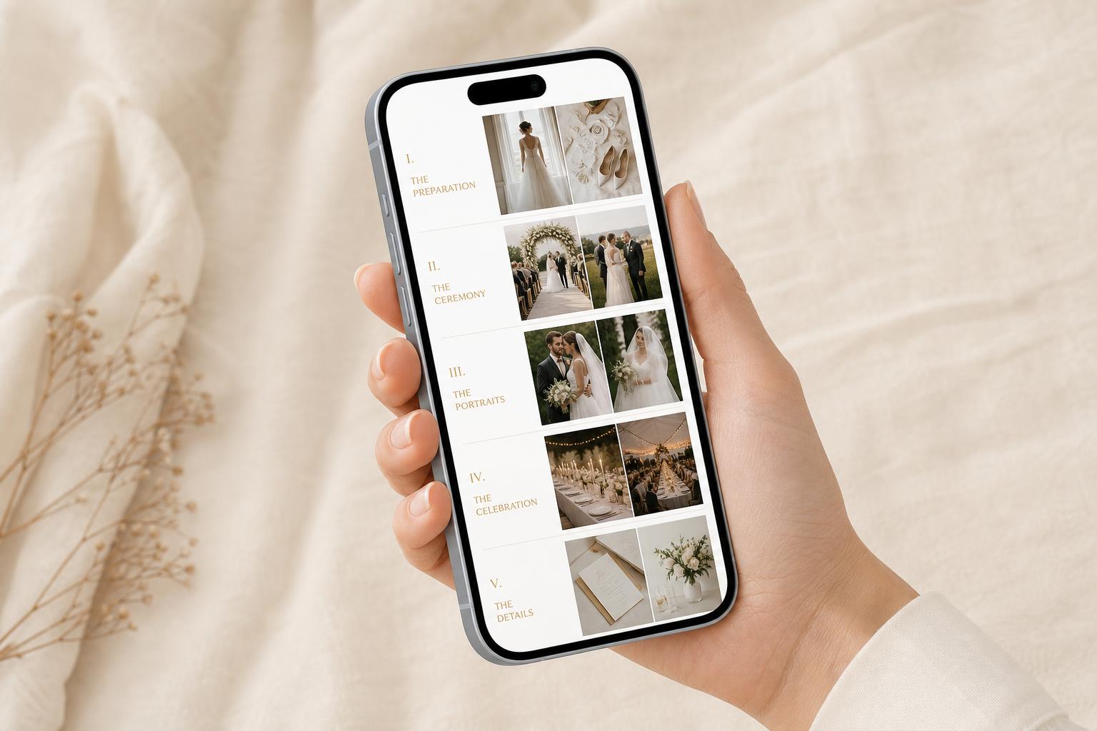 A phone displaying the wedding feed organised by chapter
