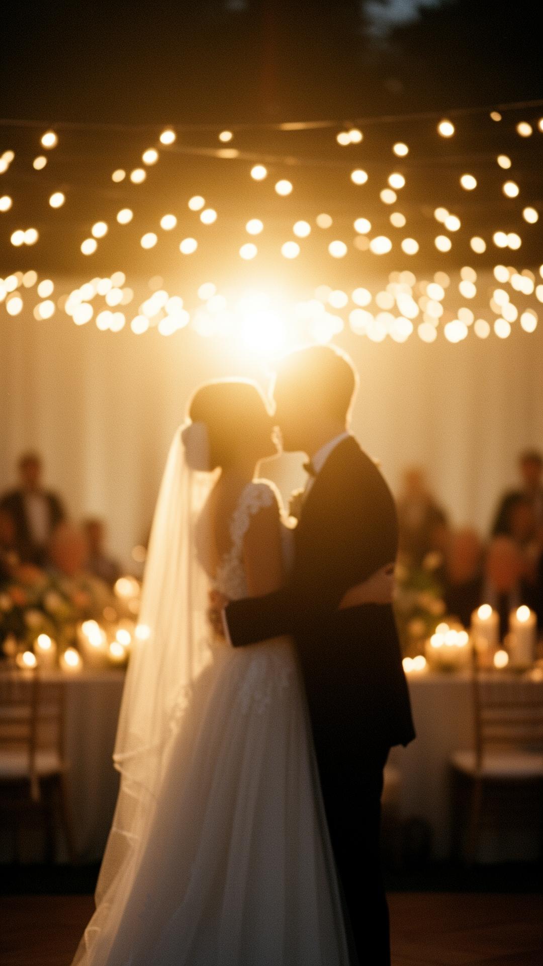A bride and groom in a candlelit first dance under string lights
