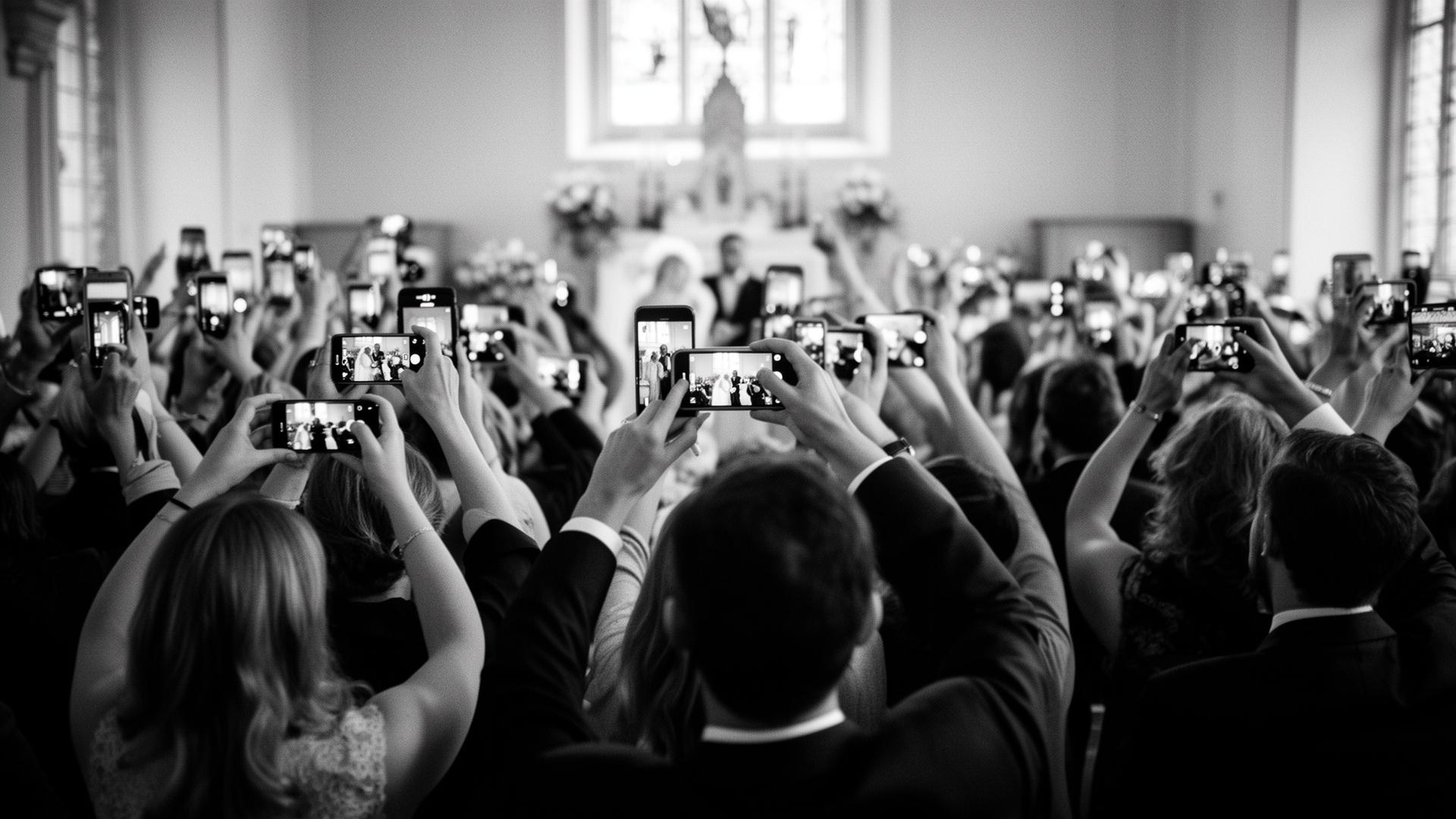 A sea of guests at a ceremony, smartphones raised, recording the couple